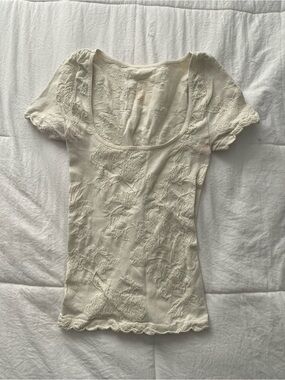 Free People Cream Textured Scoop Neck Short Sleeve Top
